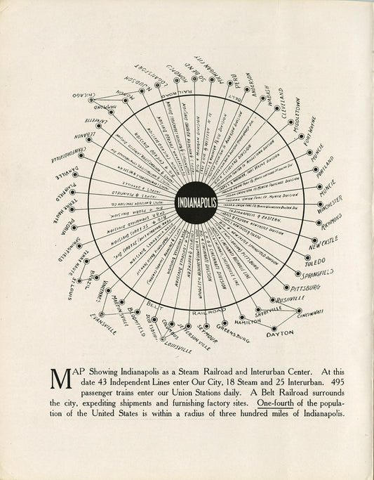 11" x 17" Map Showing Indianapolis as a Steam Railroad and Interurban Center by Commercial Club 1907-08