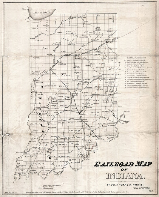 11" by 17" Railroad Map of Indiana by Col. Thomas A. Morris, Civil Engineer, 1850